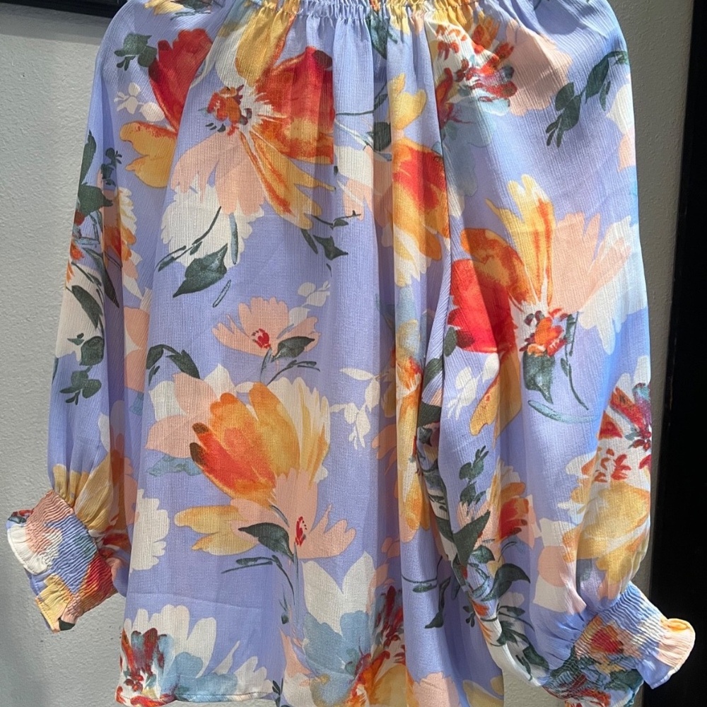 easel Floral Button-Front Blouse in Lavender, Yellow, Orange - Picture 5 of 11